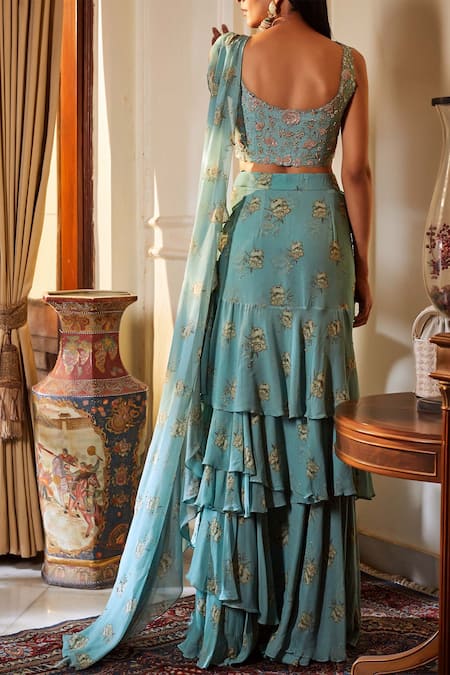 Shop Sana Barreja Green Georgette Sweetheart Neck Embroidered Saree Set at Aza Fashions Shop_Sana Barreja_Green Georgette Sweetheart Neck Embroidered Saree Set _at_Aza_Fashions