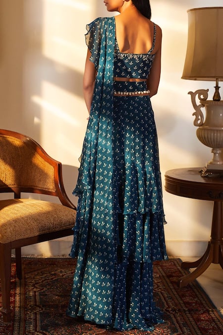 Shop Sana Barreja Blue Chiffon Sweetheart Neck Embroidered Saree Set at Aza Fashions Shop_Sana Barreja_Blue Chiffon Sweetheart Neck Embroidered Saree Set _at_Aza_Fashions