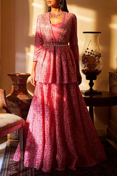 Shop Sana Barreja Pink Chanderi Round Jacket Lehenga Set at Aza Fashions Shop_Sana Barreja_Pink Chanderi Round Jacket Lehenga Set _at_Aza_Fashions