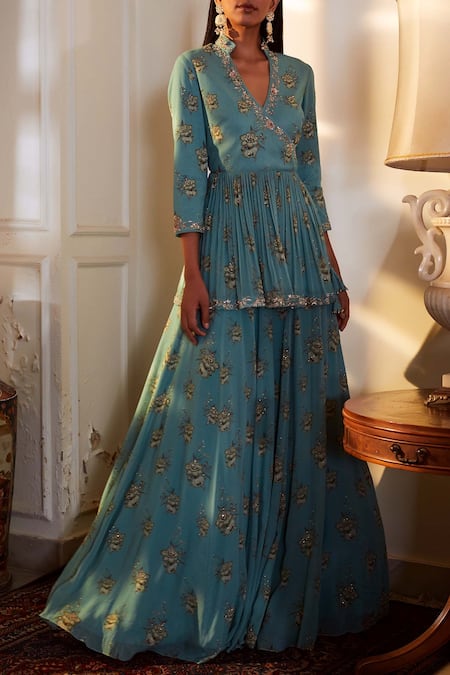 Shop Sana Barreja Green Georgette Band Embroidered Lehenga Set at Aza Fashions Shop_Sana Barreja_Green Georgette Band Embroidered Lehenga Set _at_Aza_Fashions