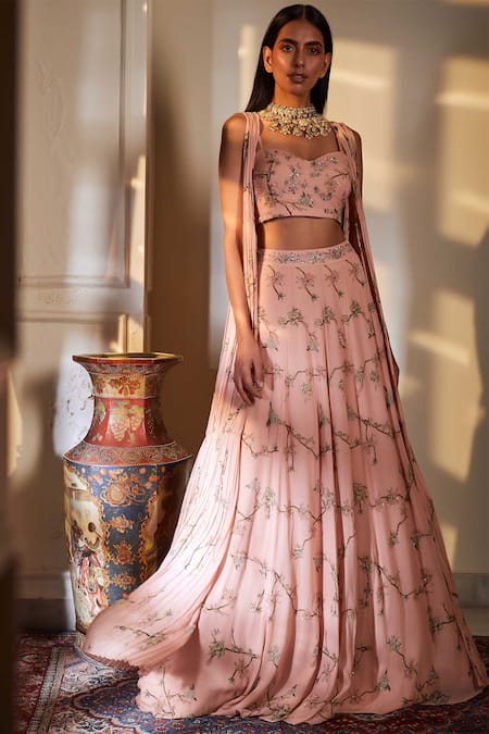 Sana Barreja Peach Georgette Sweetheart Neck Embroidered Jacket Lehenga Set 