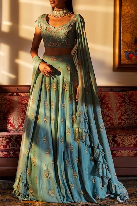 Sana Barreja_Green Georgette Sweetheart Neck Embroidered Lehenga Set _Online_at_Aza_Fashions