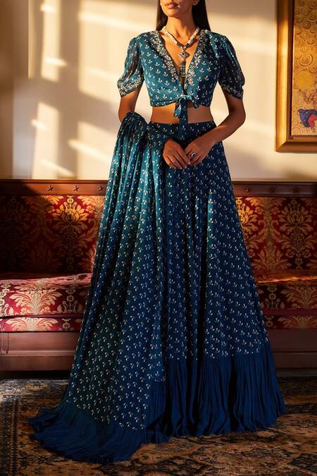Sana Barreja Blue Georgette V Neck Embroidered Lehenga Set Online at Aza Fashions Sana Barreja_Blue Georgette V Neck Embroidered Lehenga Set _Online_at_Aza_Fashions