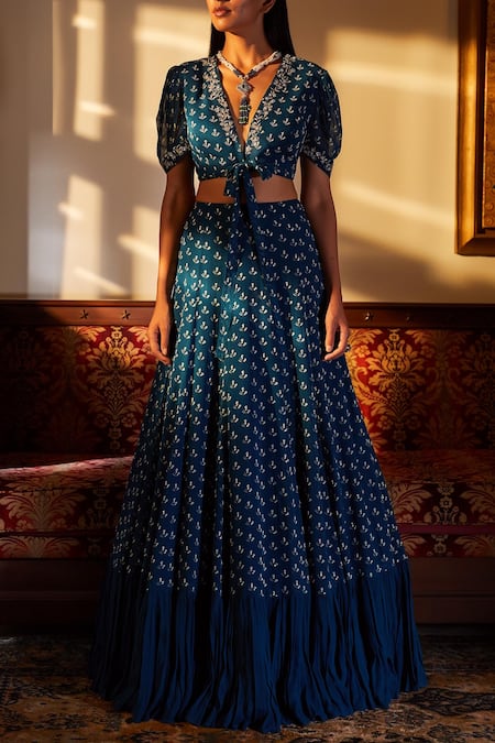 Shop Sana Barreja Blue Georgette V Neck Embroidered Lehenga Set at Aza Fashions Shop_Sana Barreja_Blue Georgette V Neck Embroidered Lehenga Set _at_Aza_Fashions