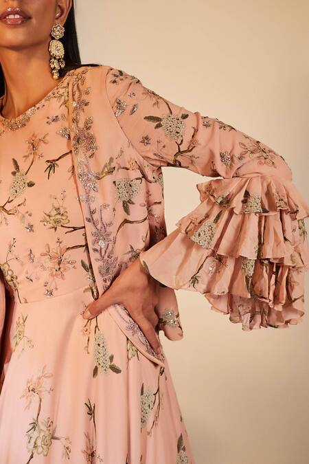 Sana Barreja_Pink Georgette Round Embroidered Anarkali With Jacket _Online_at_Aza_Fashions