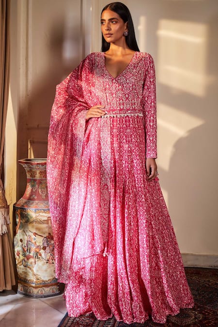 Sana Barreja Pink Chanderi V Neck Anarkali With Dupatta 