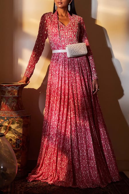 Shop Sana Barreja Pink Georgette V Neck Embroidered Anarkali at Aza Fashions Shop_Sana Barreja_Pink Georgette V Neck Embroidered Anarkali _at_Aza_Fashions