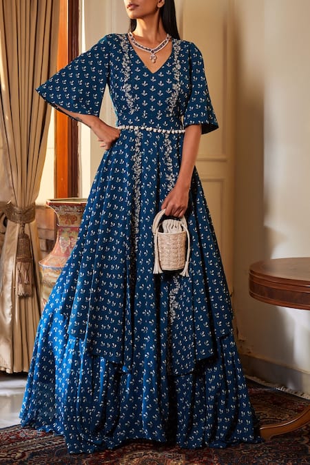 Shop Sana Barreja Blue Georgette V Neck Embroidered Anarkali Set at Aza Fashions Shop_Sana Barreja_Blue Georgette V Neck Embroidered Anarkali Set _at_Aza_Fashions