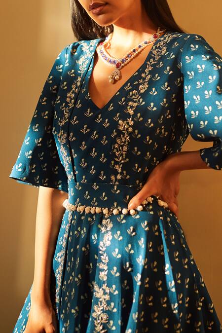 Sana Barreja Blue Georgette V Neck Embroidered Anarkali Set Online at Aza Fashions Sana Barreja_Blue Georgette V Neck Embroidered Anarkali Set _Online_at_Aza_Fashions