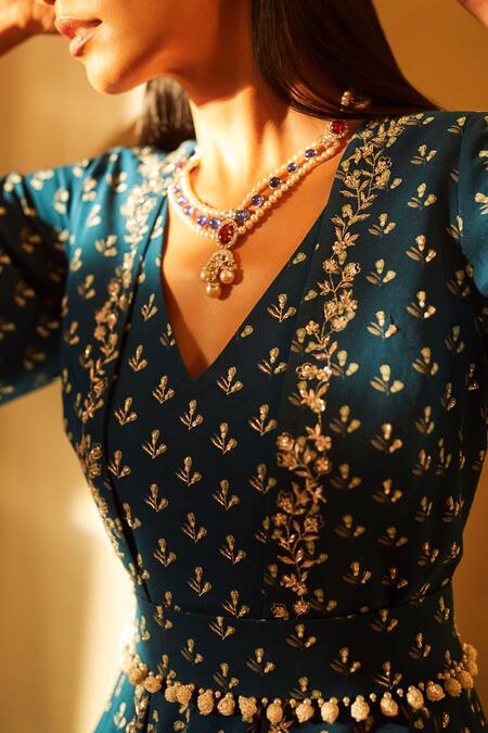 Buy Sana Barreja Blue Georgette V Neck Embroidered Anarkali Set Online at Aza Fashions Buy_Sana Barreja_Blue Georgette V Neck Embroidered Anarkali Set _Online_at_Aza_Fashions