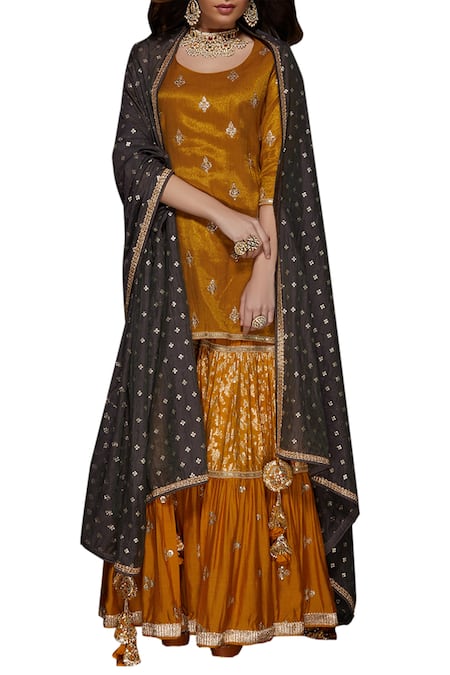 Vikram Phadnis Yellow Mulsilk Embroidered Kurta Sharara Set