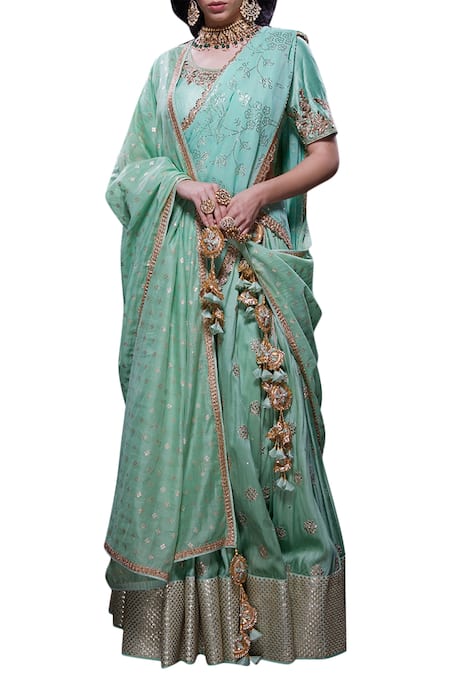 Vikram Phadnis Green Raw Silk Embroidered Lehenga Set