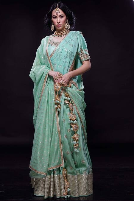 Vikram Phadnis Green Raw Silk Embroidered Lehenga Set Online at Aza Fashions Vikram Phadnis_Green Raw Silk Embroidered Lehenga Set_Online_at_Aza_Fashions
