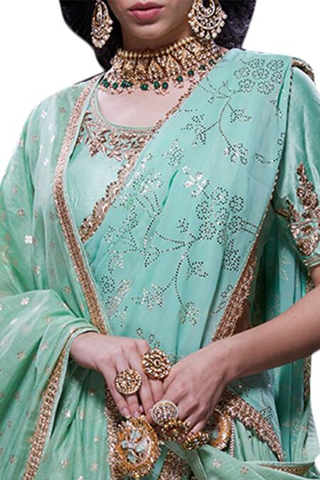 Shop Vikram Phadnis Green Raw Silk Embroidered Lehenga Set at Aza Fashions Shop_Vikram Phadnis_Green Raw Silk Embroidered Lehenga Set_at_Aza_Fashions
