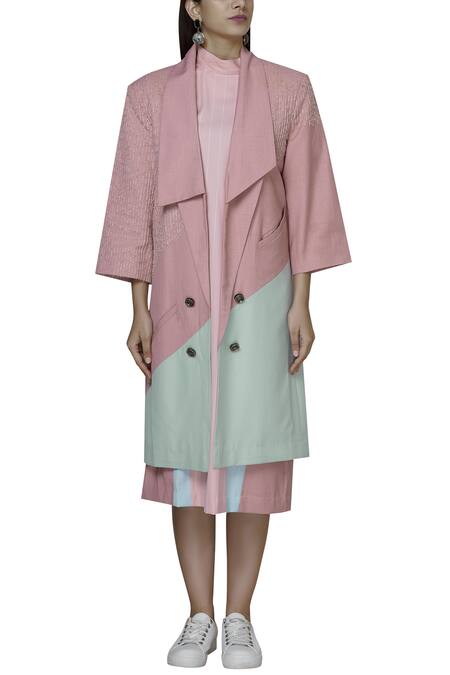 Shop Two Point Two Green Terry Rayon Colourblock Trench Coat Online at Aza Fashions Shop_Two Point Two_Green Terry Rayon Colourblock Trench Coat_Online_at_Aza_Fashions