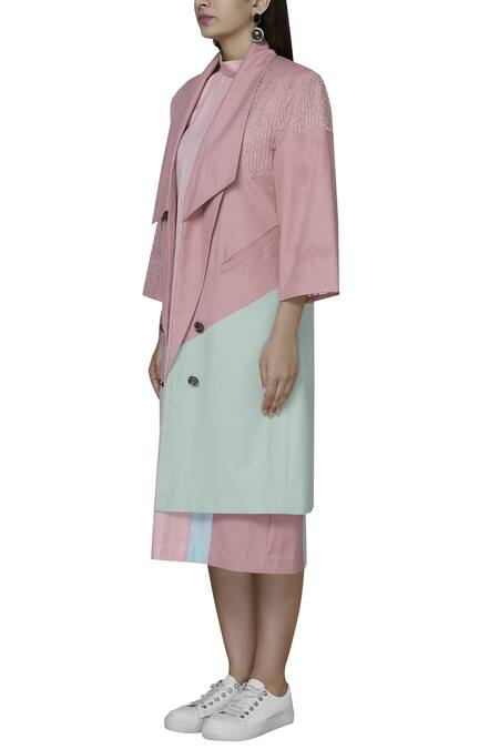 Buy Two Point Two Green Terry Rayon Colourblock Trench Coat Online at Aza Fashions Buy_Two Point Two_Green Terry Rayon Colourblock Trench Coat_Online_at_Aza_Fashions