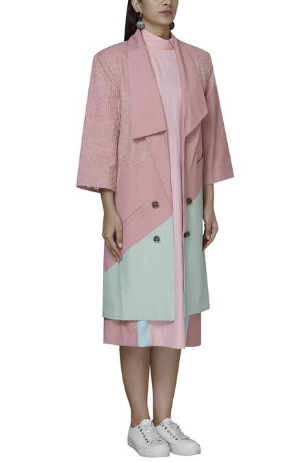 Two Point Two Green Terry Rayon Colourblock Trench Coat Online at Aza Fashions Two Point Two_Green Terry Rayon Colourblock Trench Coat_Online_at_Aza_Fashions