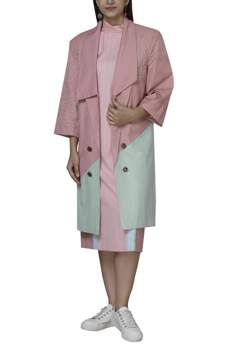 Two Point Two Green Terry Rayon Colourblock Trench Coat