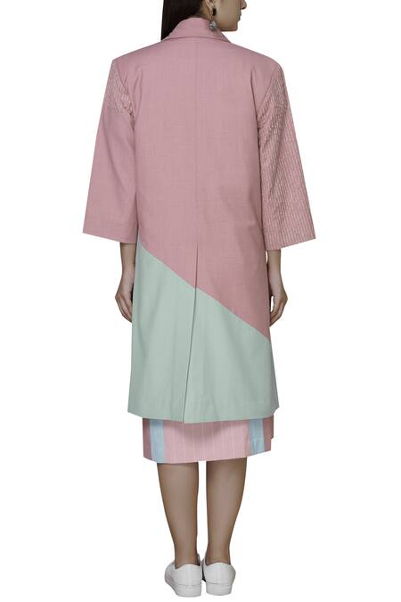 Shop Two Point Two Green Terry Rayon Colourblock Trench Coat at Aza Fashions Shop_Two Point Two_Green Terry Rayon Colourblock Trench Coat_at_Aza_Fashions