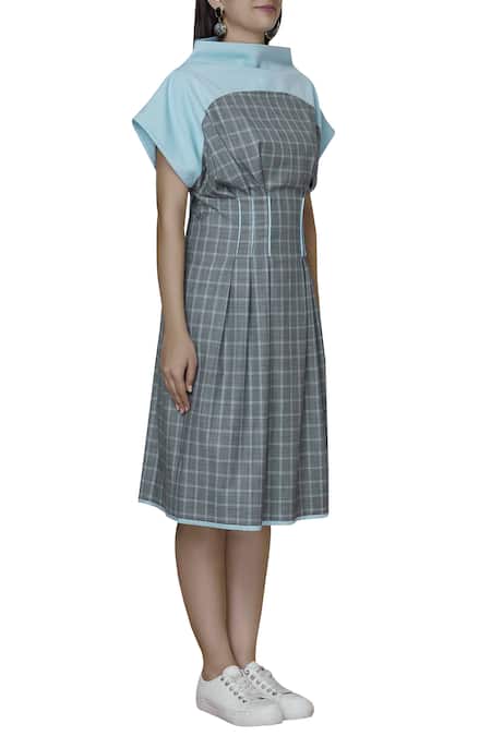 Two Point Two_Blue Cotton Wool Blend Checkered Dress_Online_at_Aza_Fashions