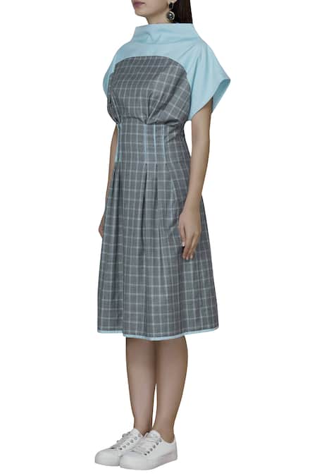 Buy_Two Point Two_Blue Cotton Wool Blend Checkered Dress_Online_at_Aza_Fashions