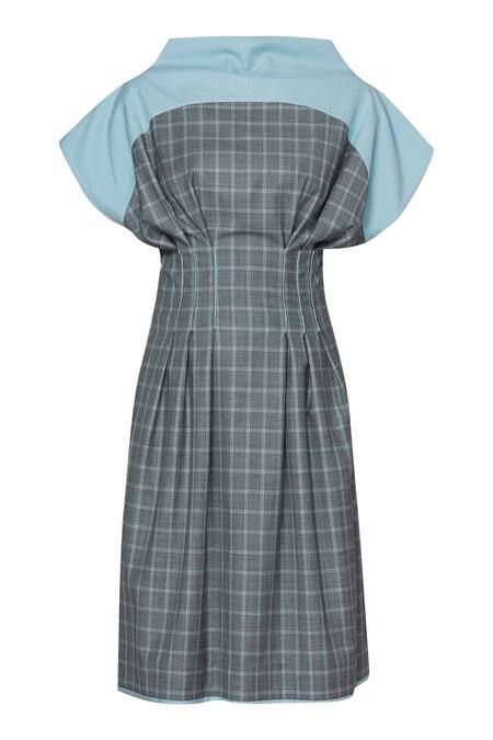 Shop_Two Point Two_Blue Cotton Wool Blend Checkered Dress_Online_at_Aza_Fashions