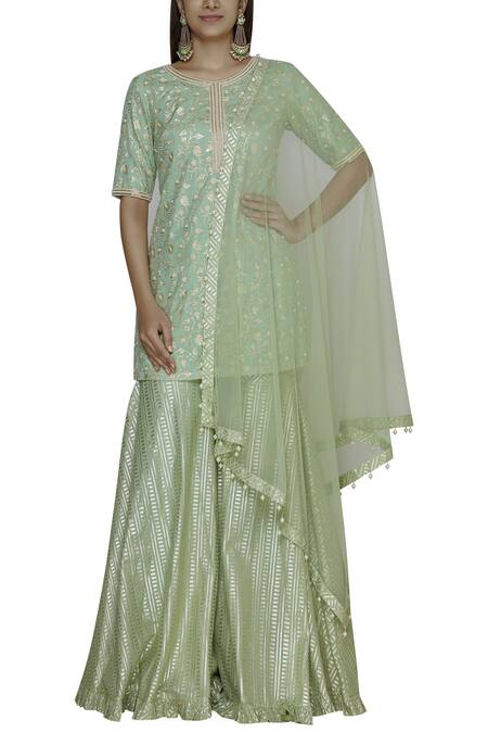 Shop_Kresha Lulla_Green Chanderi Kurta Sharara Set_Online_at_Aza_Fashions