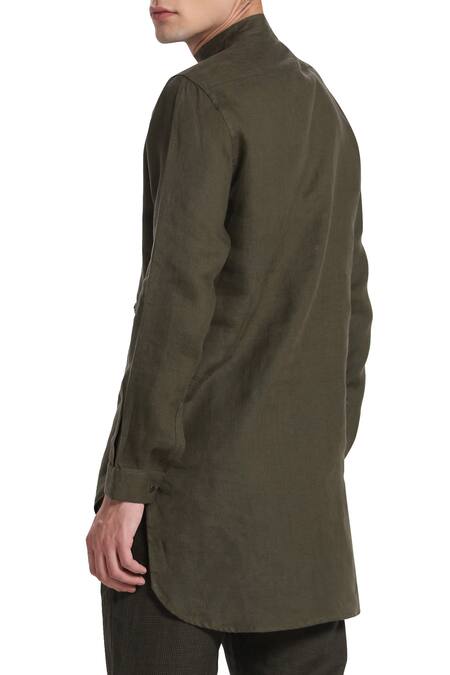Son Of A Noble Snob_Green Linen Overlap Kurta_Online_at_Aza_Fashions