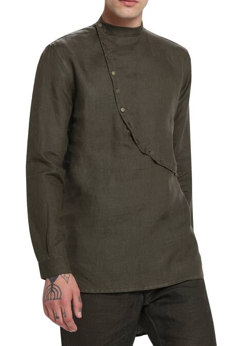 Shop_Son Of A Noble Snob_Green Linen Overlap Kurta_Online_at_Aza_Fashions
