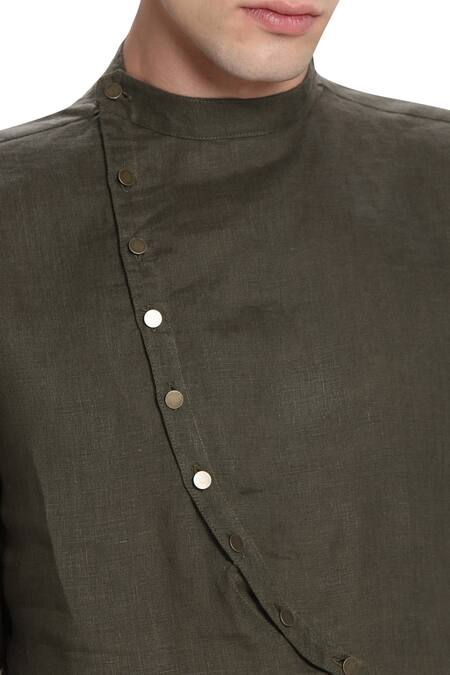 Son Of A Noble Snob_Green Linen Overlap Kurta_at_Aza_Fashions