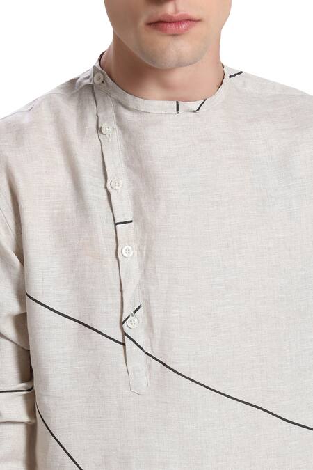 Son Of A Noble Snob_Off White Linen Printed Kurta_at_Aza_Fashions