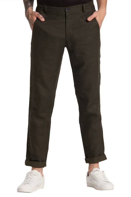 Shop Son Of A Noble Snob Green Linen Pants at Aza Fashions Shop_Son Of A Noble Snob_Green Linen Pants_at_Aza_Fashions