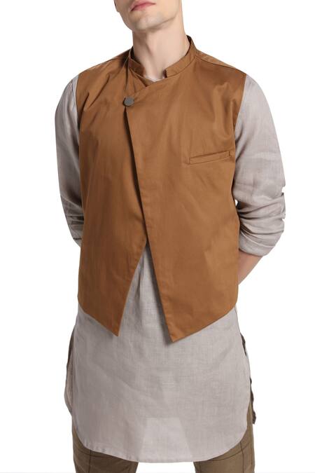 Shop Son Of A Noble Snob Brown Cotton Nehru Jacket Online at Aza Fashions Shop_Son Of A Noble Snob_Brown Cotton Nehru Jacket_Online_at_Aza_Fashions