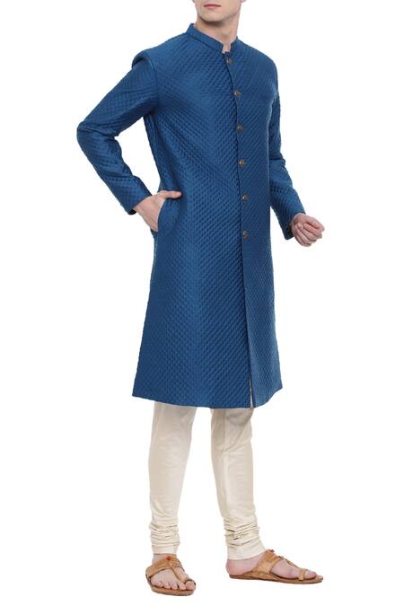 Mayank Modi - Men_Beige Linen, Satin Quilted Sherwani Set For Kids_Online_at_Aza_Fashions