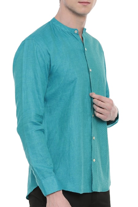 Mayank Modi - Men_Blue Linen Embroidered Shirt_Online_at_Aza_Fashions