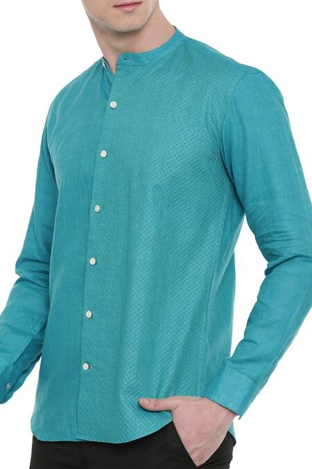 Buy_Mayank Modi - Men_Blue Linen Embroidered Shirt_Online_at_Aza_Fashions
