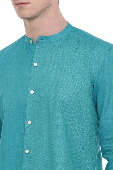 Shop_Mayank Modi - Men_Blue Linen Embroidered Shirt_Online_at_Aza_Fashions