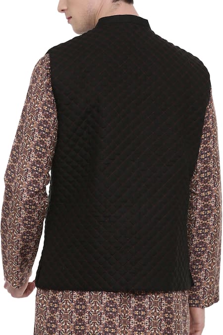 Shop_Mayank Modi - Men_Black Linen Quilted Bundi _at_Aza_Fashions