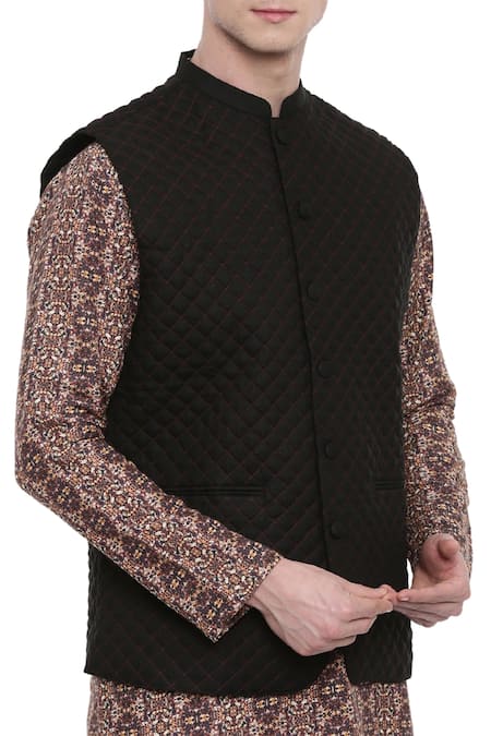 Mayank Modi - Men_Black Linen Quilted Bundi _Online_at_Aza_Fashions
