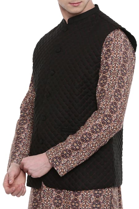 Buy_Mayank Modi - Men_Black Linen Quilted Bundi _Online_at_Aza_Fashions