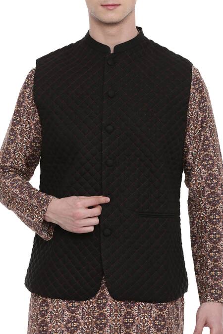 Shop_Mayank Modi - Men_Black Linen Quilted Bundi _Online_at_Aza_Fashions