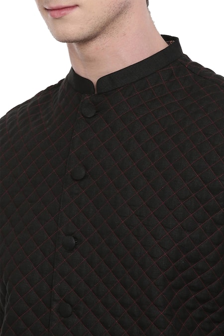 Mayank Modi - Men_Black Linen Quilted Bundi _at_Aza_Fashions