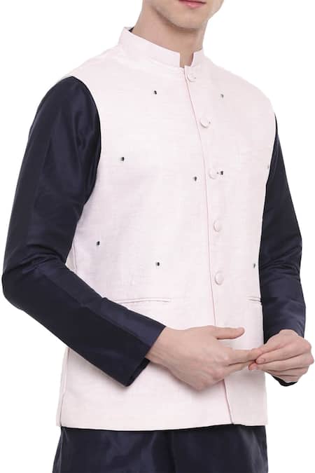 Mayank Modi - Men_Pink Linen Embroidery Bundi_Online_at_Aza_Fashions