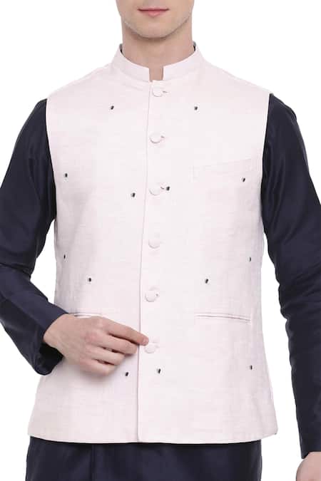 Shop_Mayank Modi - Men_Pink Linen Embroidery Bundi_Online_at_Aza_Fashions
