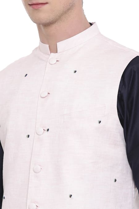 Mayank Modi - Men_Pink Linen Embroidery Bundi_at_Aza_Fashions