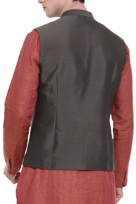 Shop Mayank Modi - Men Grey Silk, Cotton Bundi at Aza Fashions Shop_Mayank Modi - Men_Grey Silk, Cotton Bundi _at_Aza_Fashions