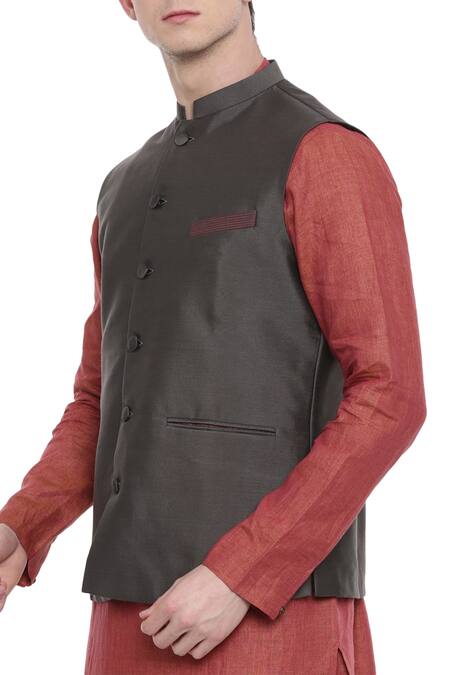 Mayank Modi - Men Grey Silk, Cotton Bundi Online at Aza Fashions Mayank Modi - Men_Grey Silk, Cotton Bundi _Online_at_Aza_Fashions