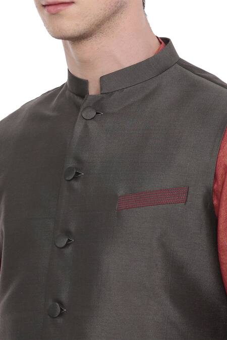 Shop Mayank Modi - Men Grey Silk, Cotton Bundi Online at Aza Fashions Shop_Mayank Modi - Men_Grey Silk, Cotton Bundi _Online_at_Aza_Fashions