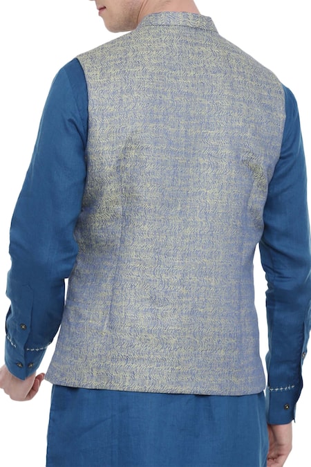 Mayank Modi - Men Blue Linen Jacquard Nehru Jacket For Kids