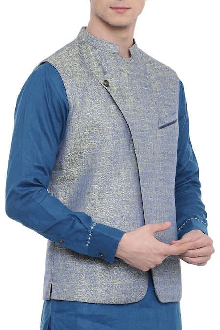 Mayank Modi - Men_Blue Linen Jacquard Nehru Jacket For Kids_Online_at_Aza_Fashions